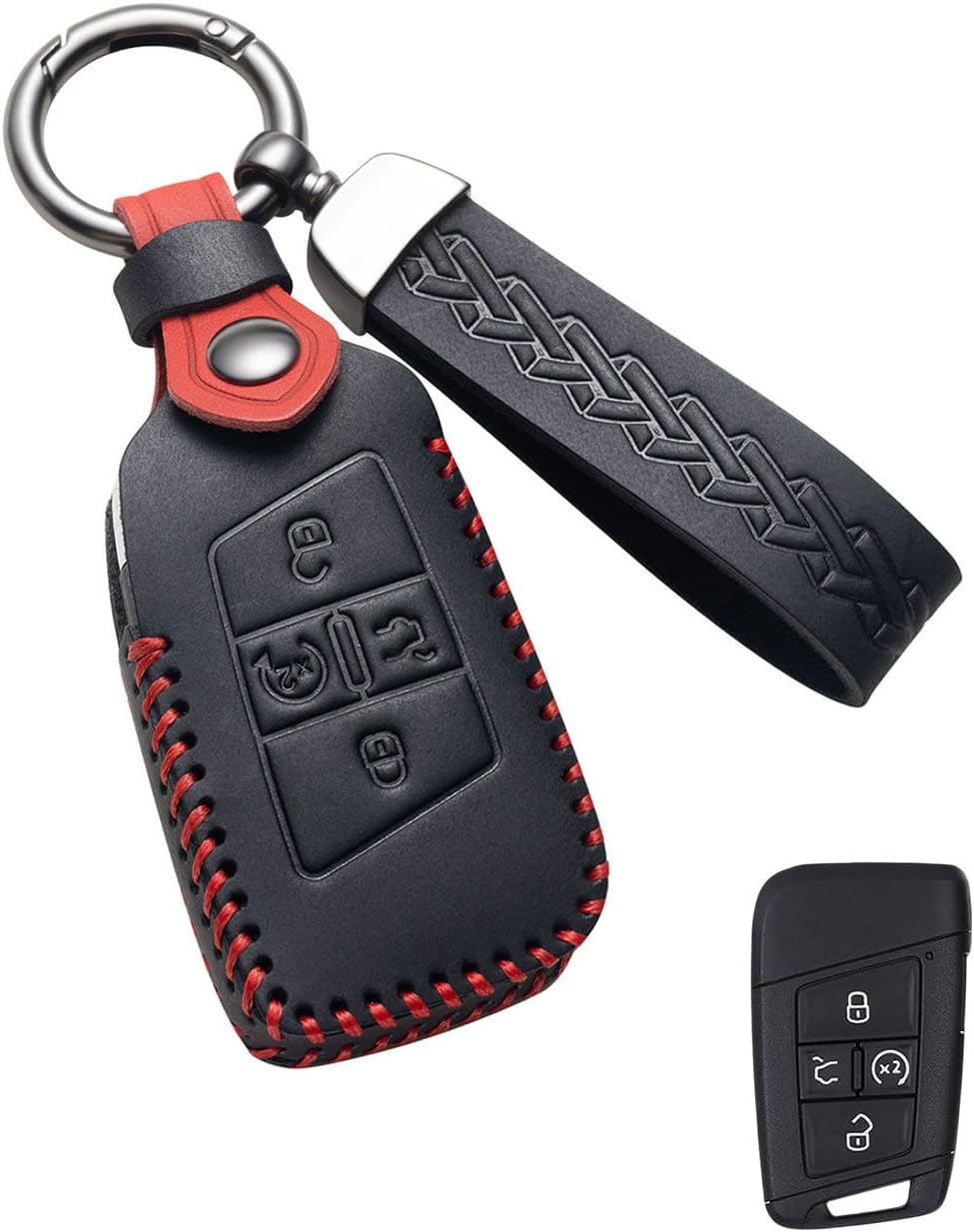 Key Fob Cover Leather Car Key Case Keychain Fob Holder Compatible with Volkswagen Atlas Tiguan Alltrack Jetta Passat Arteon Golf GTI Taos Routan 2018-2024 (VWE-Black)