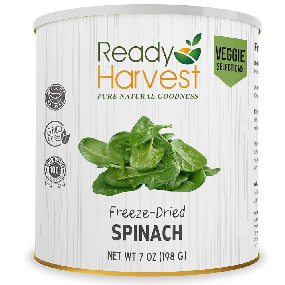 Ready Harvest Freeze-Dried Spinach Canned Vegetables Freeze-Dried Food Pantry Staples Canned Spinach Survival Food, Bug Out Bag, Camping Essentials, Veggie Snacks #10 Can | 25-Year Shelf Life 7oz