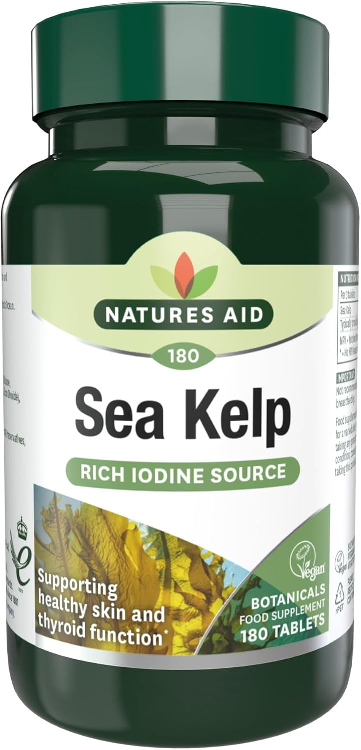 Natures Aid Sea Kelp 187mg – 180 Vegan Tablets – High Strength Iodine Supplement – Supports Thyroid Function & Skin – With Calcium – Gluten Free – Natural Source – No Artificial Additives