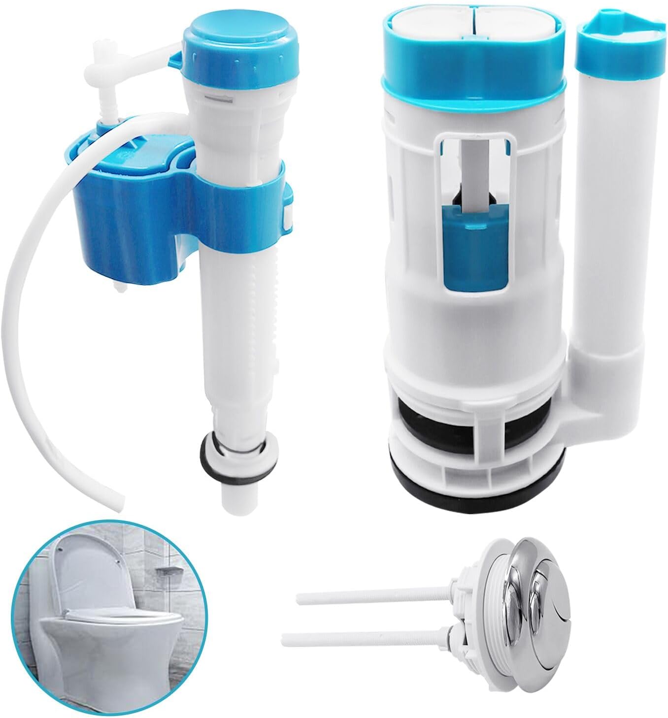 Toilet Flush System Replacement, Wieat Dual Flush Fill Toilet Cistern Kit, Push Button Toilet Flush for Home Bathroom, Adjustable Fill Valve, (Suitable for Tank Depth 21-26cm, 7cm Large Button)