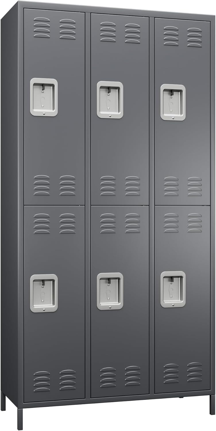 6 Doors Storage Locker Combination with 18 Hooks,Industries Double Tier Metal Locker for School Office Gym Home Employees Staff Sundries Room W35.43*D15.7*H72(Dark Grey)