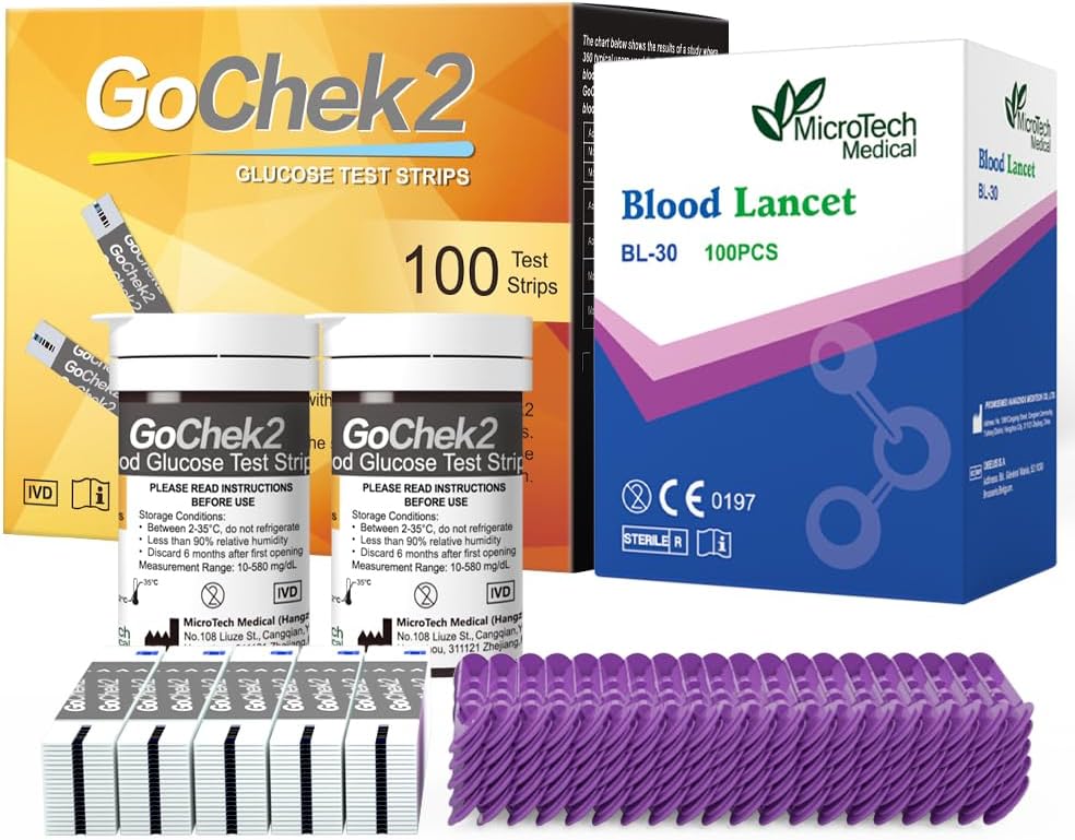 MicroTech Blood Glucose Test Strips & Lancets, 180d Opening Valid, Immune to Blood Oxygen, Only for Gocheck2, 100 Count.