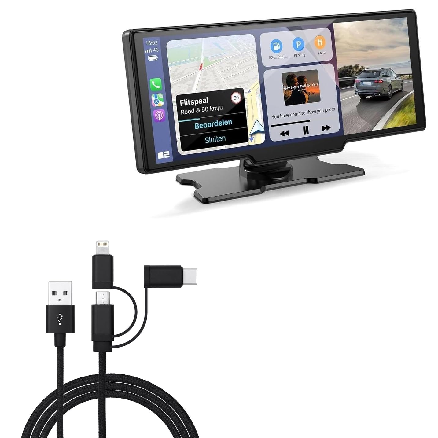 BoxWave Cable Compatible with Kuayvan Wireless Portable Carplay Screen for Car (10.26 in) - AllCharge 3-in-1 Cable - Jet Black