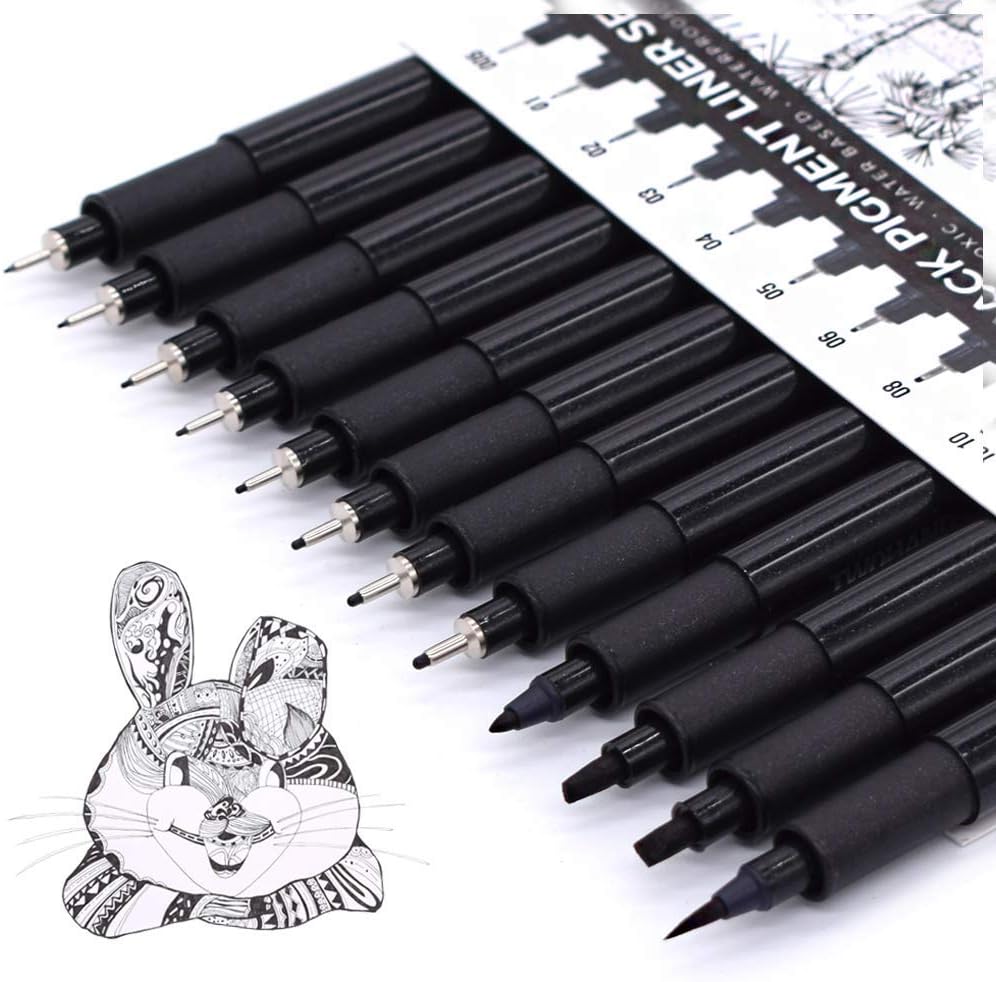 TWOHANDS Set of 12 Fineliner Pens, Fine Point Ink Pens, Pigment Pens, Technical Drawing pens, Black, Waterproof, for Art Watercolor, Sketching, Anime, Manga, Scrapbooking, 902188