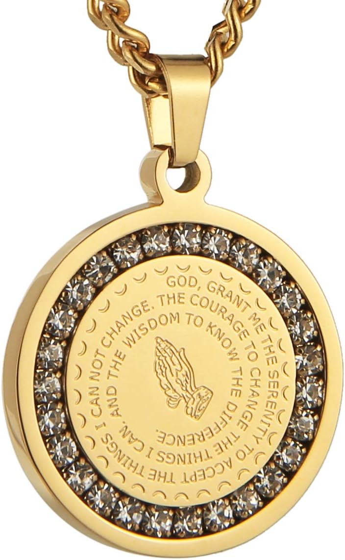HZMAN Bible Verse Prayer Necklace Christian Jewelry Gold Stainless Steel Praying Hands Coin Medal Pendant