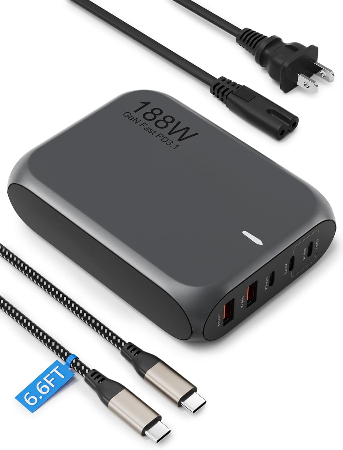 188W USB C Charger 5-Port GaN Charging Station Compatible with MacBook Pro/Air iPad Pro/Air iPhone 15 14 13 12 Samsung Galaxy S24 S23 S22 Dell and More 140W USB C PD 3.1 Charging Desktop Charger