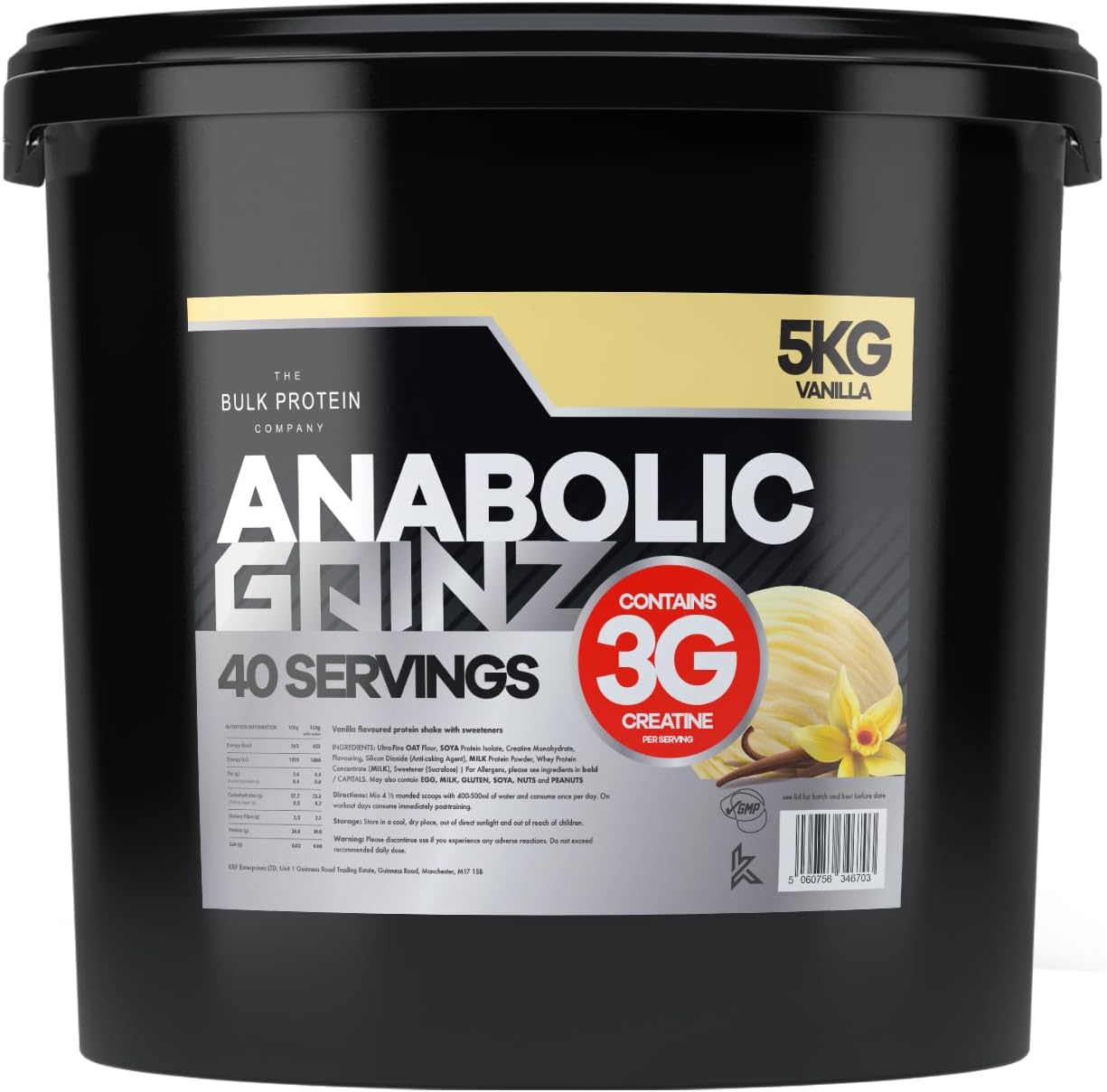 Anabolic Gainz 5kg – Mass Gainer – 30g Protein Powder – Contains 3g Creatine Per Serving – Post Workout Recovery Fuel to Build Lean Muscle – 40 Servings – GMP Certified – TBPC (Vanilla)