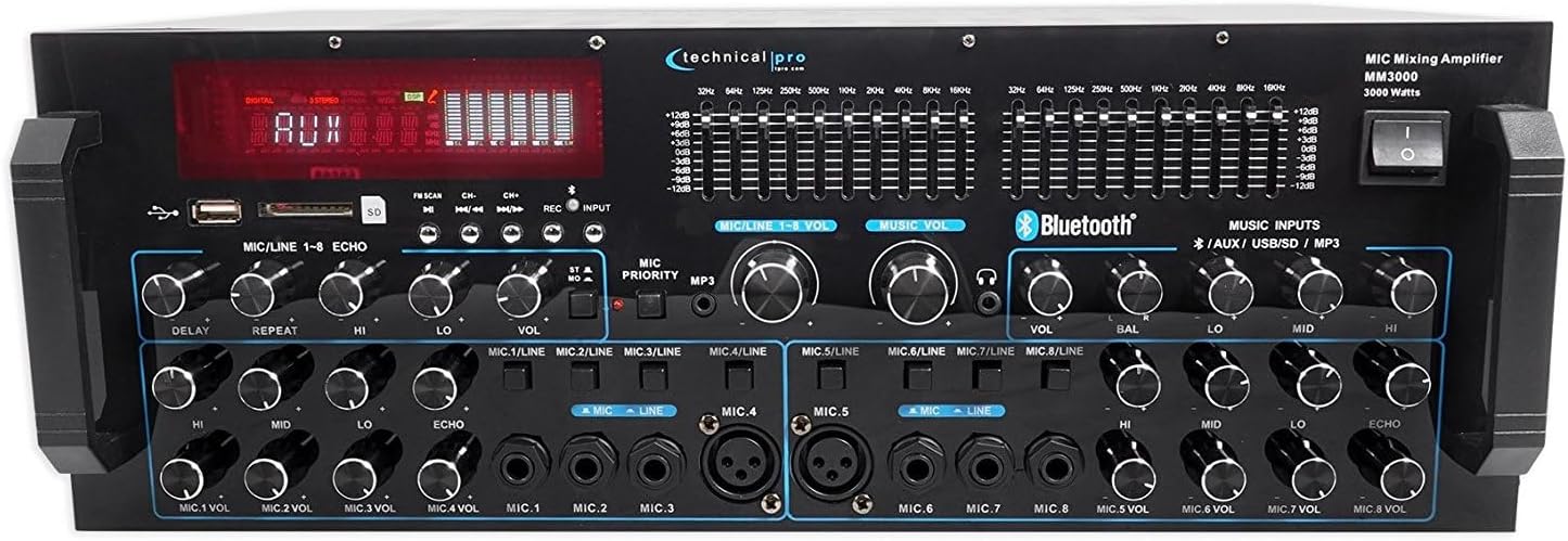 Technical Pro MM3000 Powered Bluetooth Microphone Mixer Amplifier Amp SD, USB