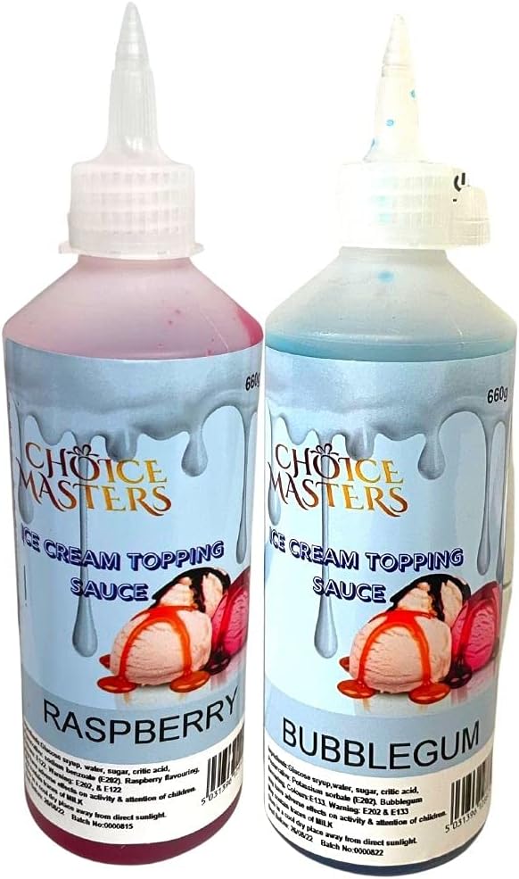 Raspberry and Bubblegum Ice Cream Topping Flavour Sauce 2Pack Bundle Syrup Topping Each 625g Squeezy Bottles, Suitable for Vegetarians/Vegans, for Pancake, Cocktails, Waffles and Popcorn