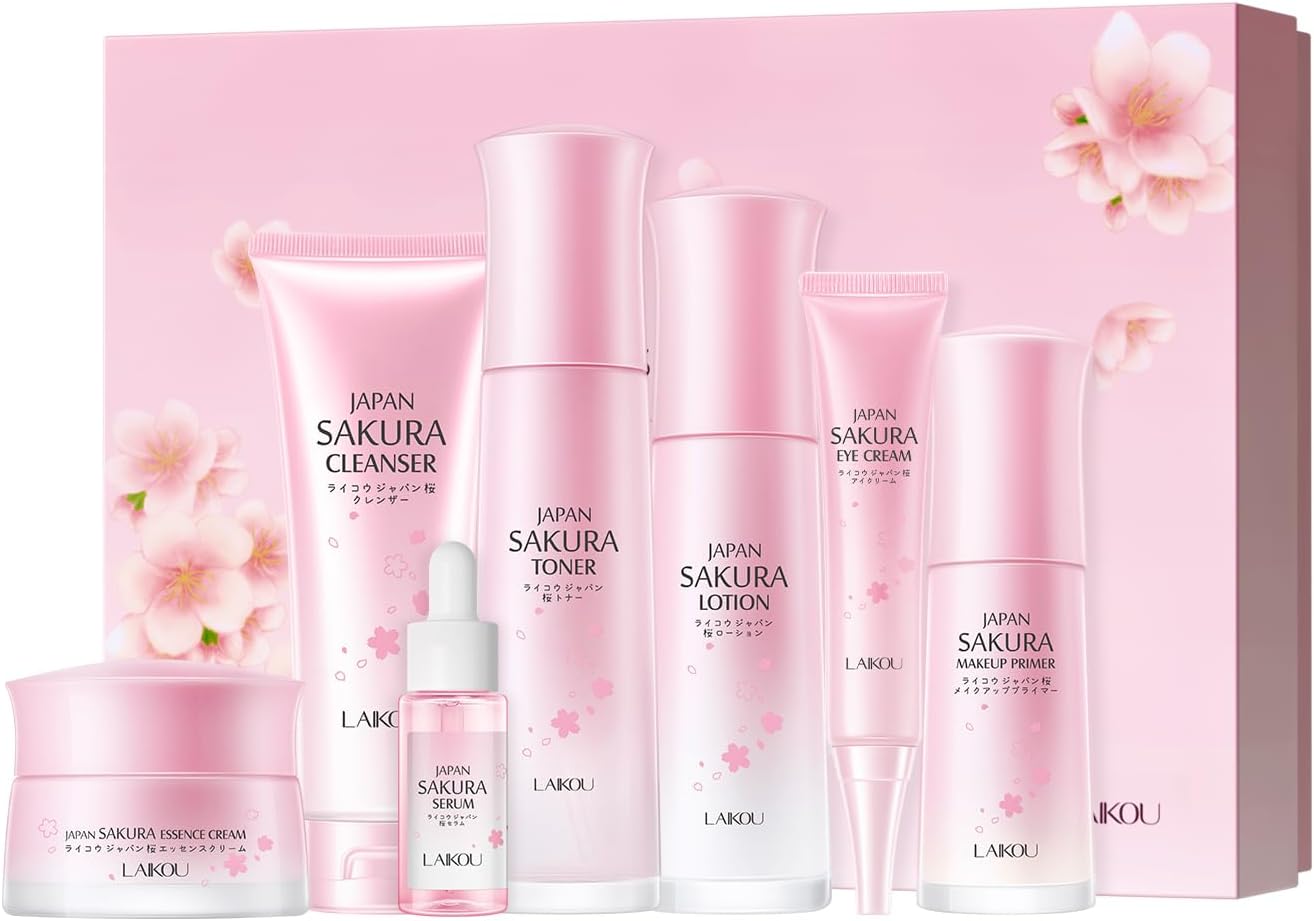 LAIKOU Japan Sakura Skincare Set, Luxury Facial Kit for Women Teenage Girls, Moisturizing & Anti Aging Skincare Gift Set - Cleanser, Toner, Lotion, Serum, Eye Cream, Face Cream, Makeup Primer, 7pcs