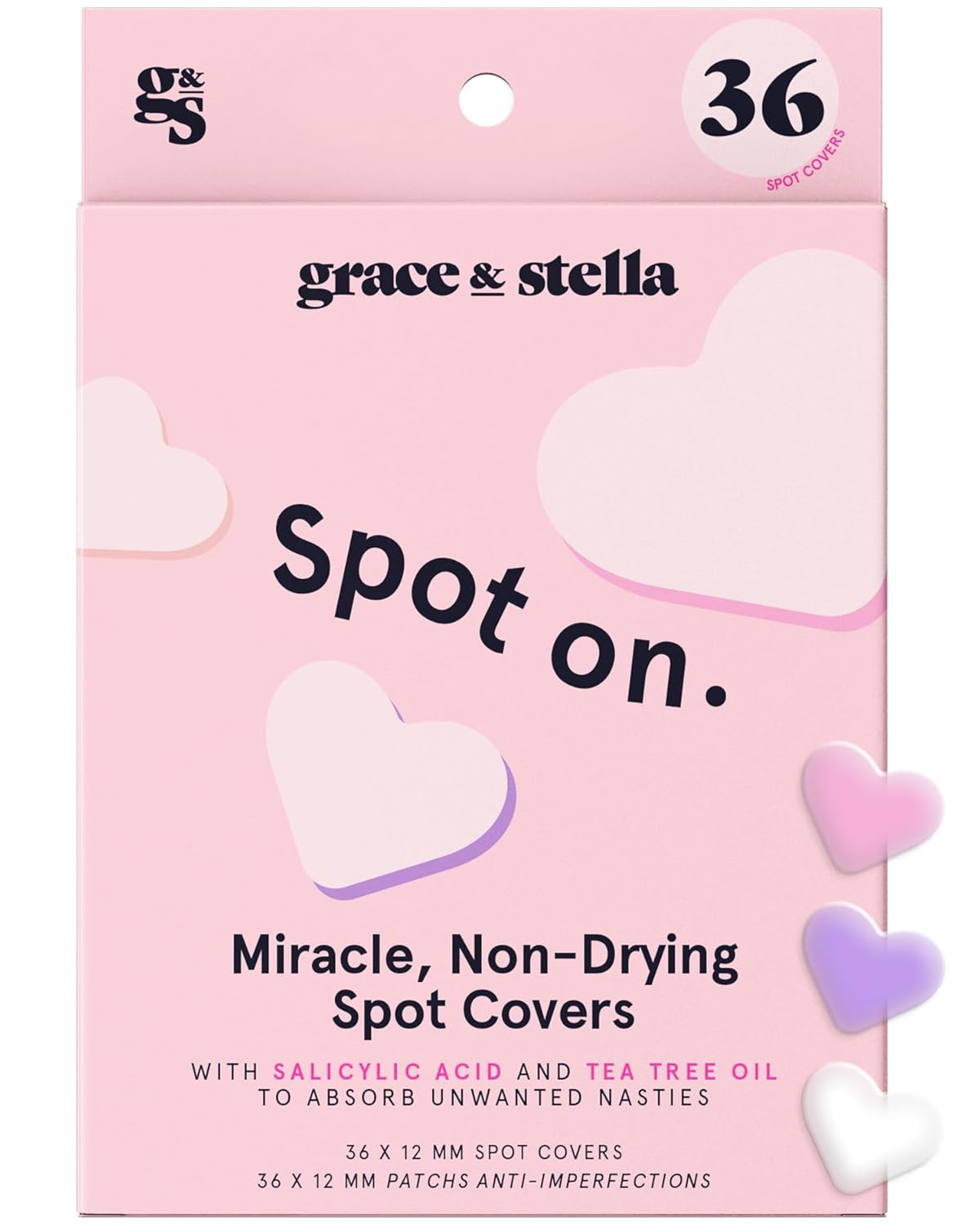 grace & stella Pimple Patches For Face (Heart, 36 Count) - Hydrocolloid Acne Patches for Face - Dermatologist Tested, Vegan, Cruelty-Free Zit Patches for Face, Blemish Patches, Pimple Stickers