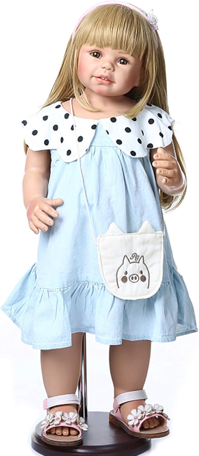 28inch Reborn Toddler Dolls,Huge Baby Full Body Hard Vinyl Standing Girl Handmade Real Realistic Anatomically Correct+ Blue Dress Great Qualtity Masterpiece Doll Model Collectible