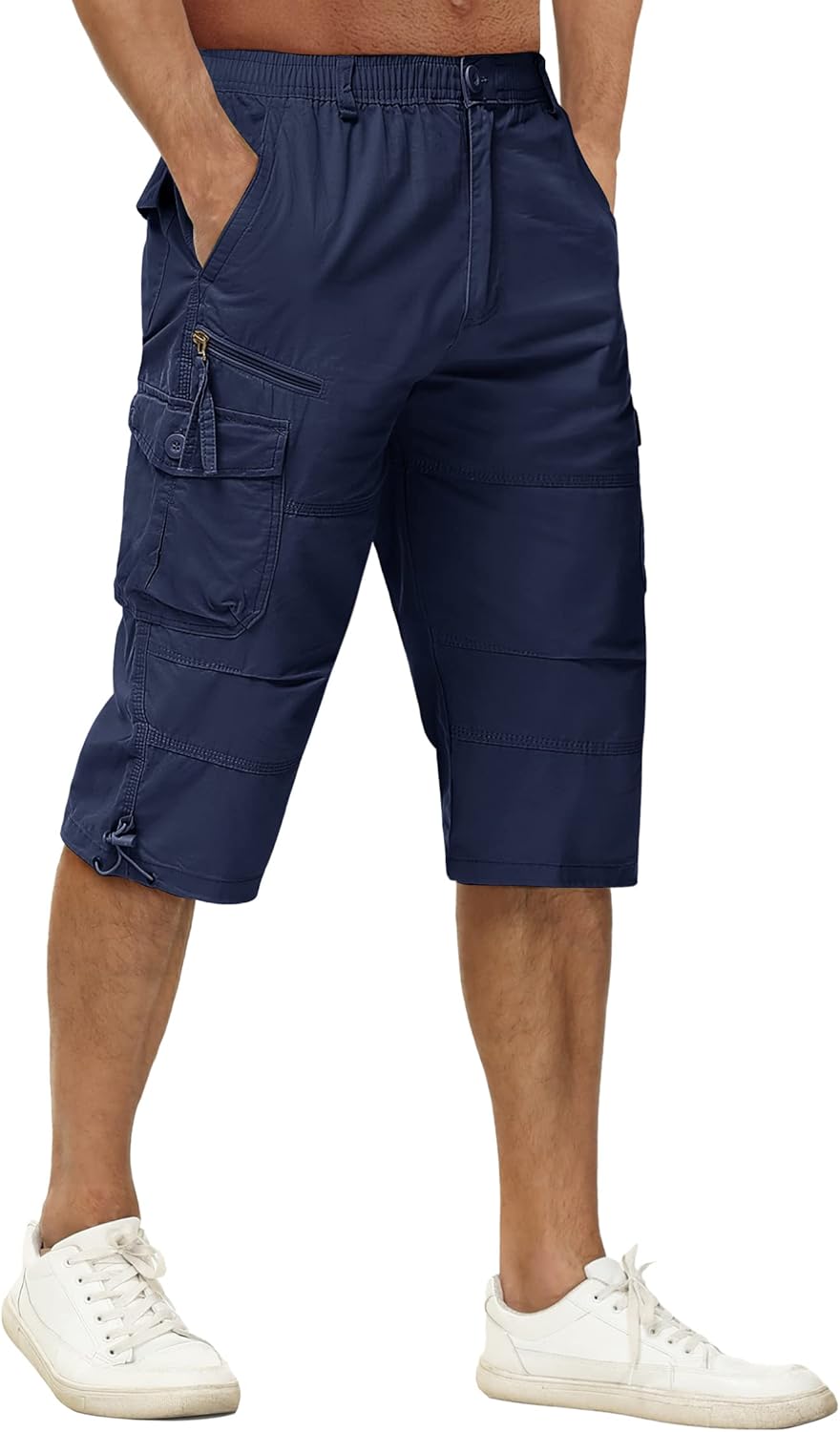 TACVASEN Men's 3/4 Length Shorts Cotton Casual Capri Cargo Shorts Cropped Trousers with Multi Pockets