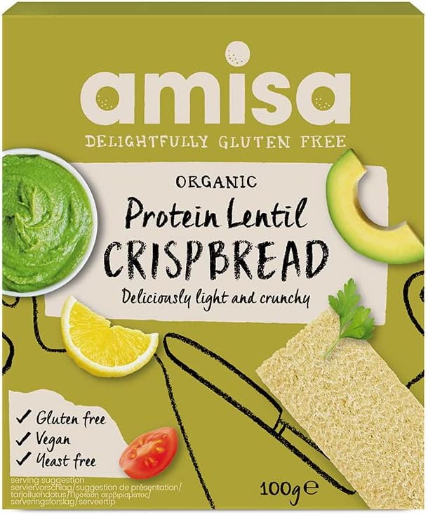 Amisa Organic Gluten-Free Protein Lentil Crispbread, 100g - Yeast Free & Low Carb - Plant-Based Protein - The Perfect Vegan Snack