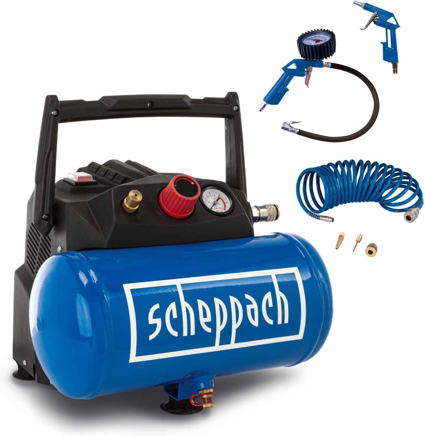 Scheppach HC06 6L Air Compressor | 1200W Oil-Free 200L/min | Compact for Tyre Inflation, Paint Spray Gun, Nail Staple Gun, Air Ratchet | 8 Bar | Inc. Accessory Kit & Hose