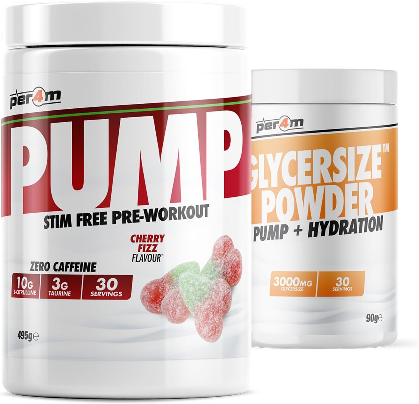 Per4m Pump Stim Free Pre Workout & Glycersize™ Powder | 10g L-Citrulline, 3g Taurine & 3000mg Glycersize for Pump, Hydration & Muscle Fullness | 30 Servings, 495g + 90g (585g, Cherry Fizz)