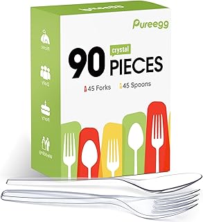 Pureegg Plastic Forks and Spoons - 90 Packs, 7" Disposable Plastic Silverware, Heavy-Duty Party Supplies, Heat-Resistant & BPA-Free Plastic Cutlery, Clear Utensile Combo: 45 Forks, 45 Spoons