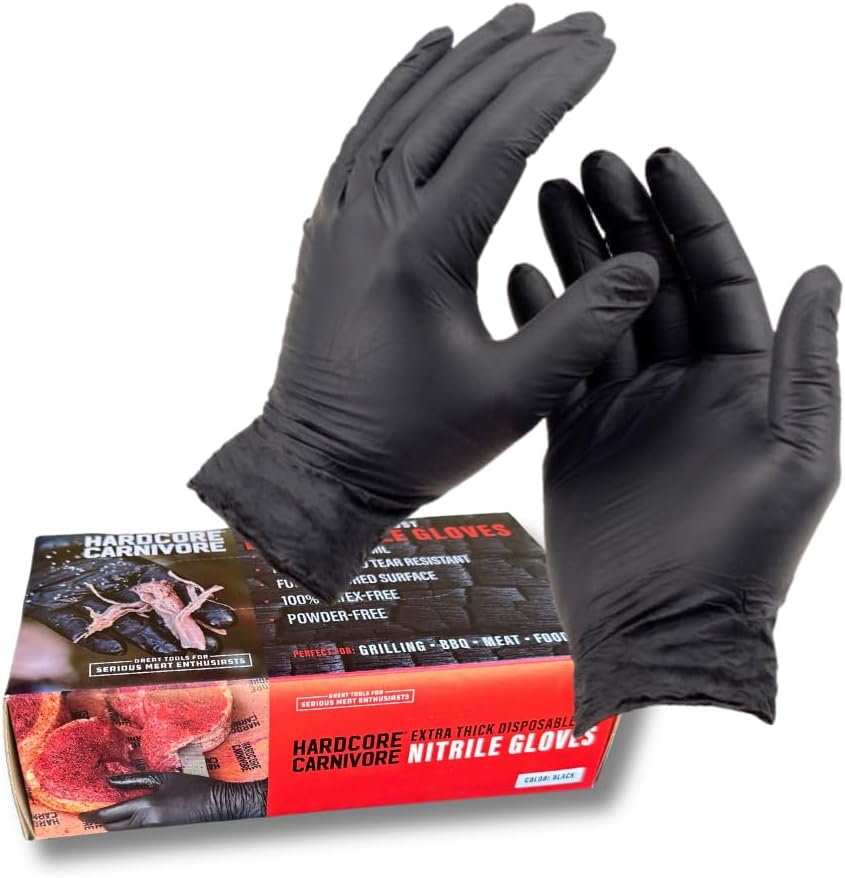 Hardcore Carnivore Extra Thick Disposable Nitrile Gloves – 50ct, 5 MIL, Full Textured, Food Safe, Latex-Free, Powder-Free, Black, One Size Fits Most, Tear Resistant