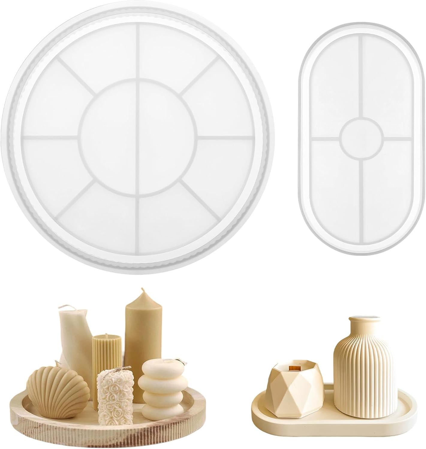 Hejo 2 Pcs Resin Tray Moulds, Epoxy Resin Moulds with Grooves, Resin Coaster Moulds, Round and Oval Silicone Moulds for Resin, Epoxy Tray Resin Mold for Making Tray Decorative