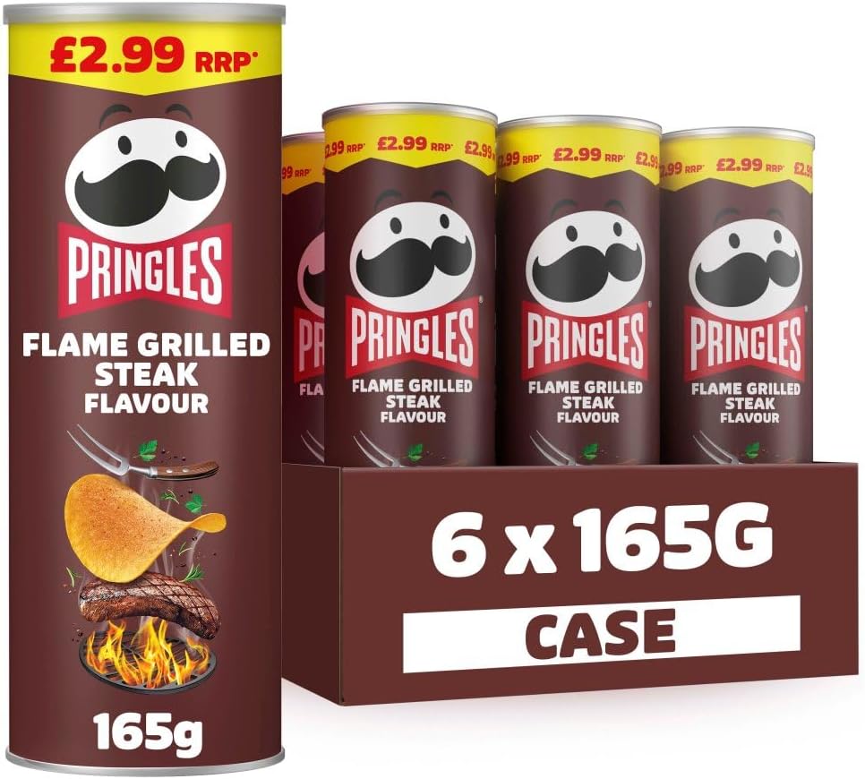 Pringles Sharing Crisps Tubes, 6 x 165g (6 Tubes x 165g, Flame Grilled Steak)