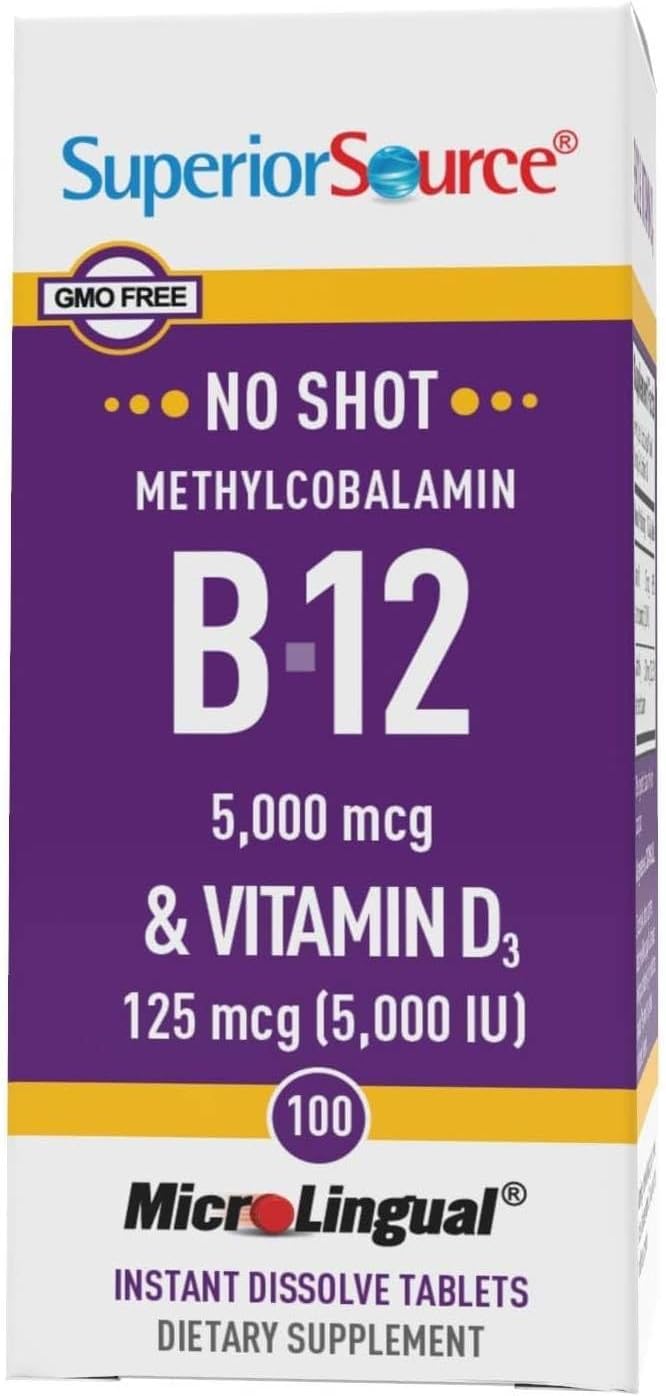 Superior Source NO Shot Methylcobalamin B-12 5,000 mcg with D3 5,000 IU - Energy & Heart Health Supplement - Multivitamin with Vitamin D3 for Bone Support - 100 Instant Dissolve Tablets