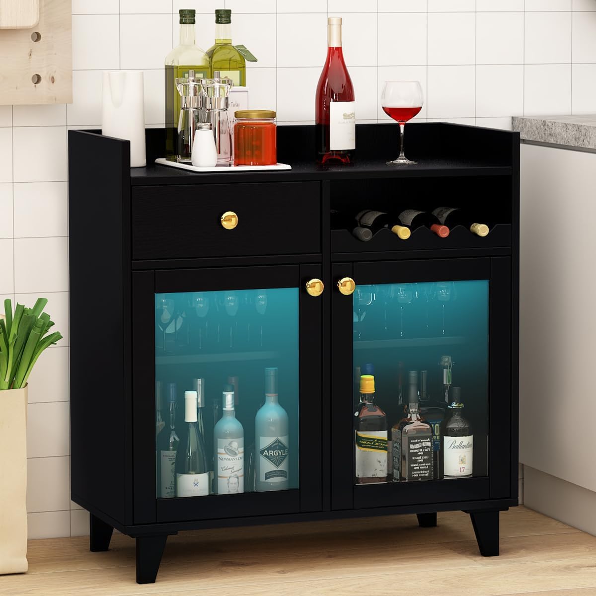 COCO DESIGN Small Bar Cabinet, Black Modern Liquor Wine Cabinet with Storage with Led Light for Home, Farmhouse Buffet Coffee Sideboard with Glass Door & Wavy Wine Rack for Kitchen