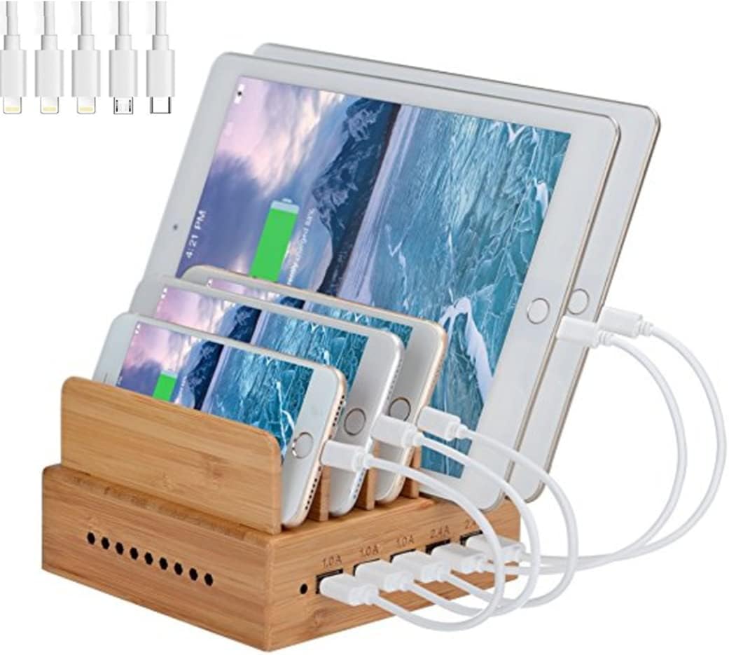 Yisen Wood 5-Port Charging Station stand Organizer for Cell Phones and Tablets (built-in charger and 5 cables)