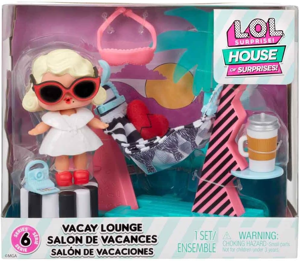 L.O.L. Surprise OMG House of Surprises Playset - VACAY LOUNGE - Includes 3''/7.6cm Leading Baby Doll with 8 Surprises - For Collectors & Kids from Ages 4+