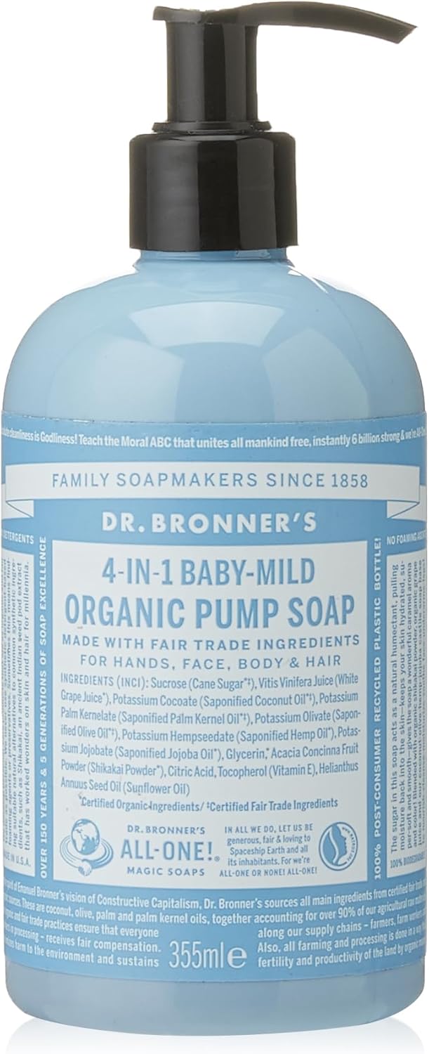Dr Bronner’s 4-in-1 Organic Unscented Baby Sugar Soap, Made with Organic Oils, Sugar and Shikakai Powder, For Hands, Body, Face & Hair, Fair Trade Certified & Vegan Friendly, 335ml Recycled Pump Bottle