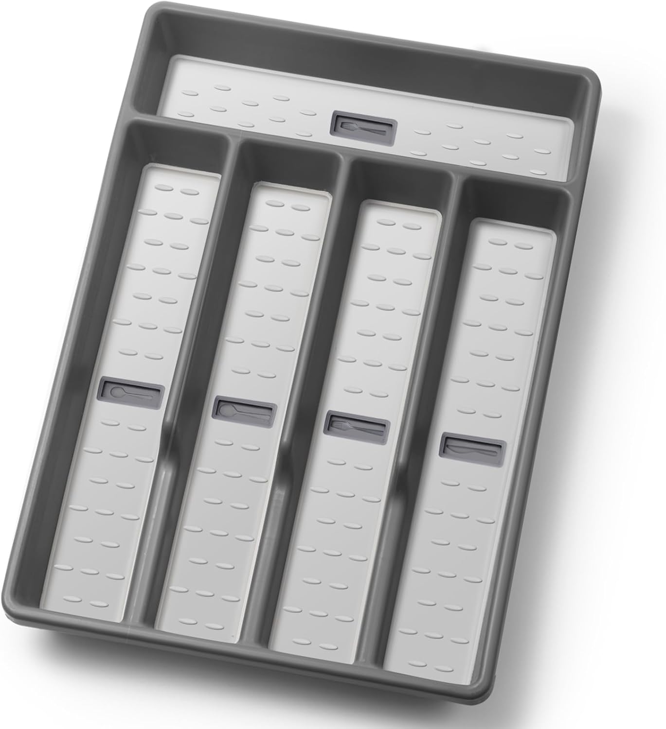 Silverware Organizer with Cutlery Icons,Silverware Tray for Kitchen Drawer,Plastic Flatware Tableware Silverware Drawer Organizer Utensil Organizer with Non-slip TPR Linings,5-Compartment
