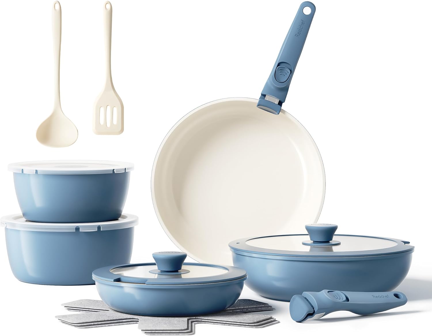 Redchef Ceramic Pots and Pans Set Non Stick, 16 pcs Nonstick Cookware Set with Detachable Handle, Non Toxic, PFAS PFOA & PTFE Free, RV Ceramic Cookware Set for Camping, Oven Safe (Blue)