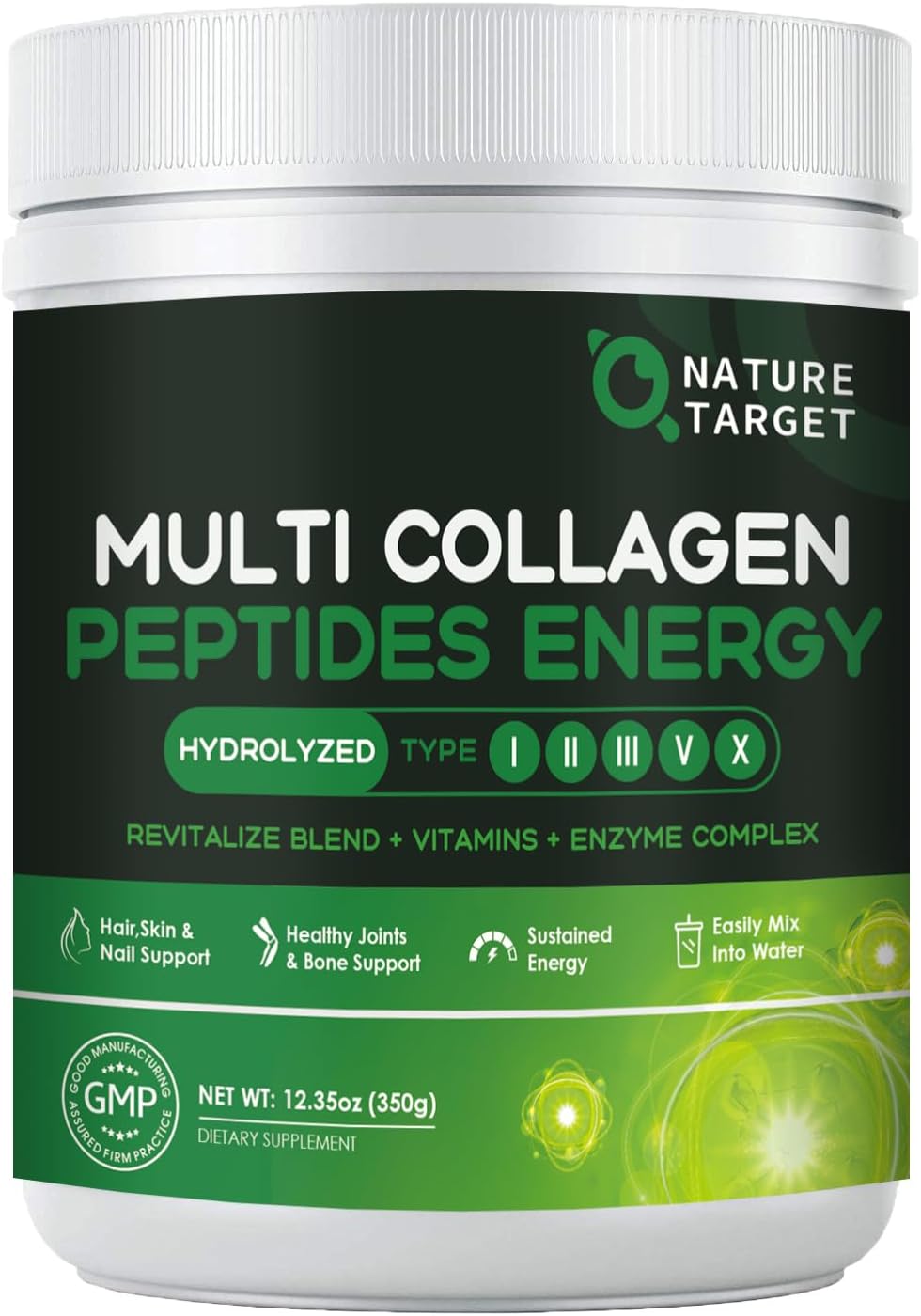 NATURE TARGET Multi-Collagen-Peptides-Powder - Hydrolyzed Collagen with Energy Blend + Multivitamin & Minerals, Supports Energy Skin Hair Nail & Joint, Non-GMO, 35 Servings