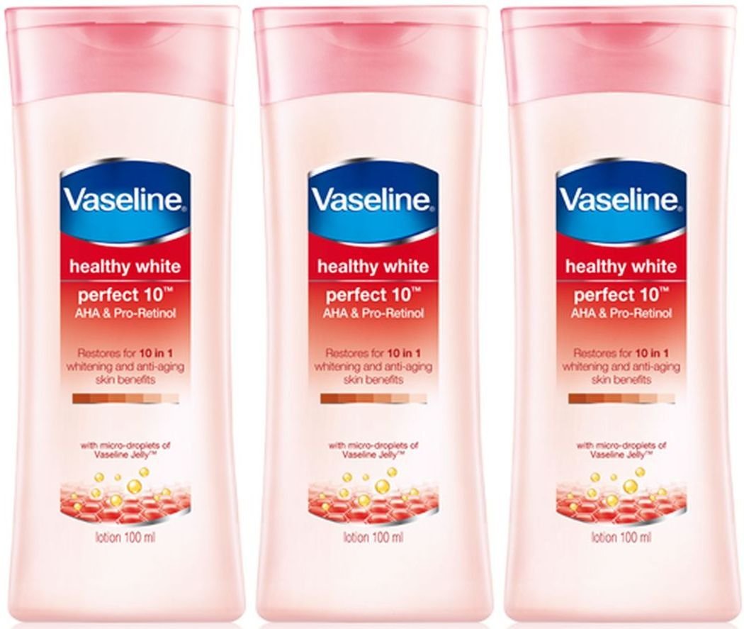 Vaseline Healthy White Perfect 10 - Pack 3 - AHA and Pro-Retinol Whitening and Anti-Ageing Skin benefits with micro droplets of Vaseline Jelly 100 ml X 3 bottles