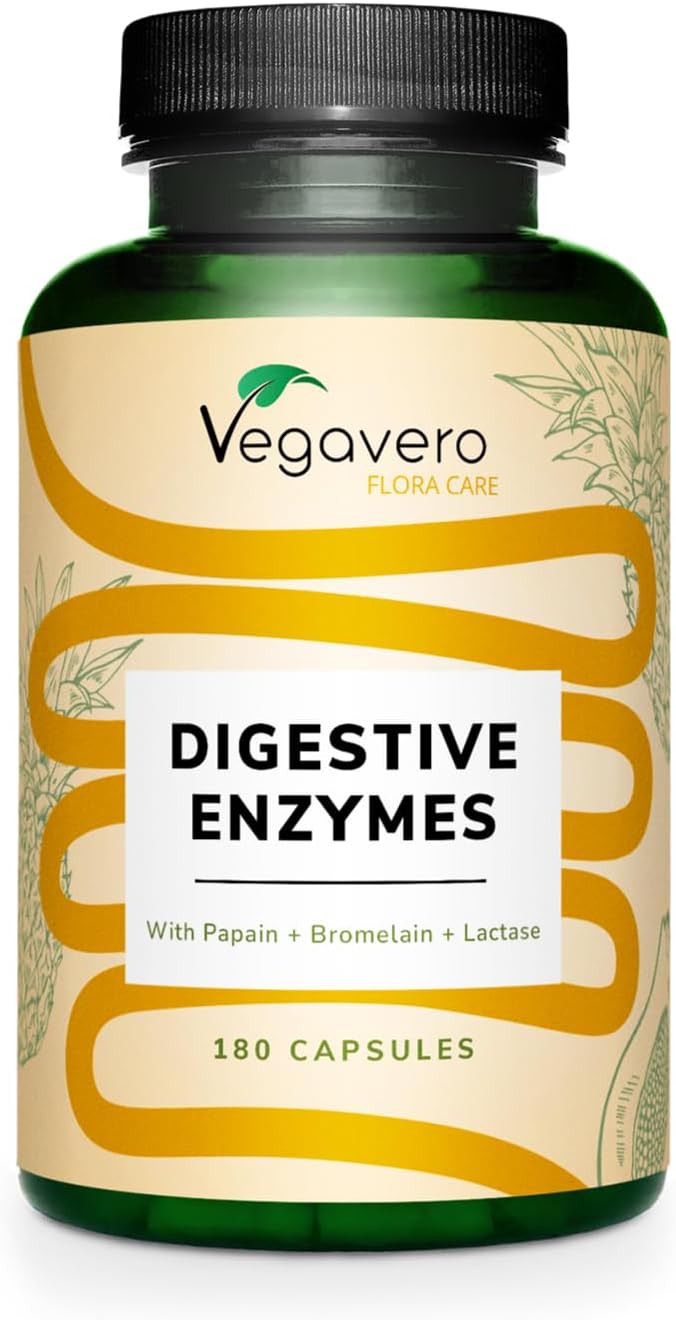 Vegavero Digestive Enzyme Supplements | High-Strength 8 Enzyme Complex | with Papain, Bromelain, Lactase, and More | NO Additives, Lab-Tested | 180 Capsules | Vegan