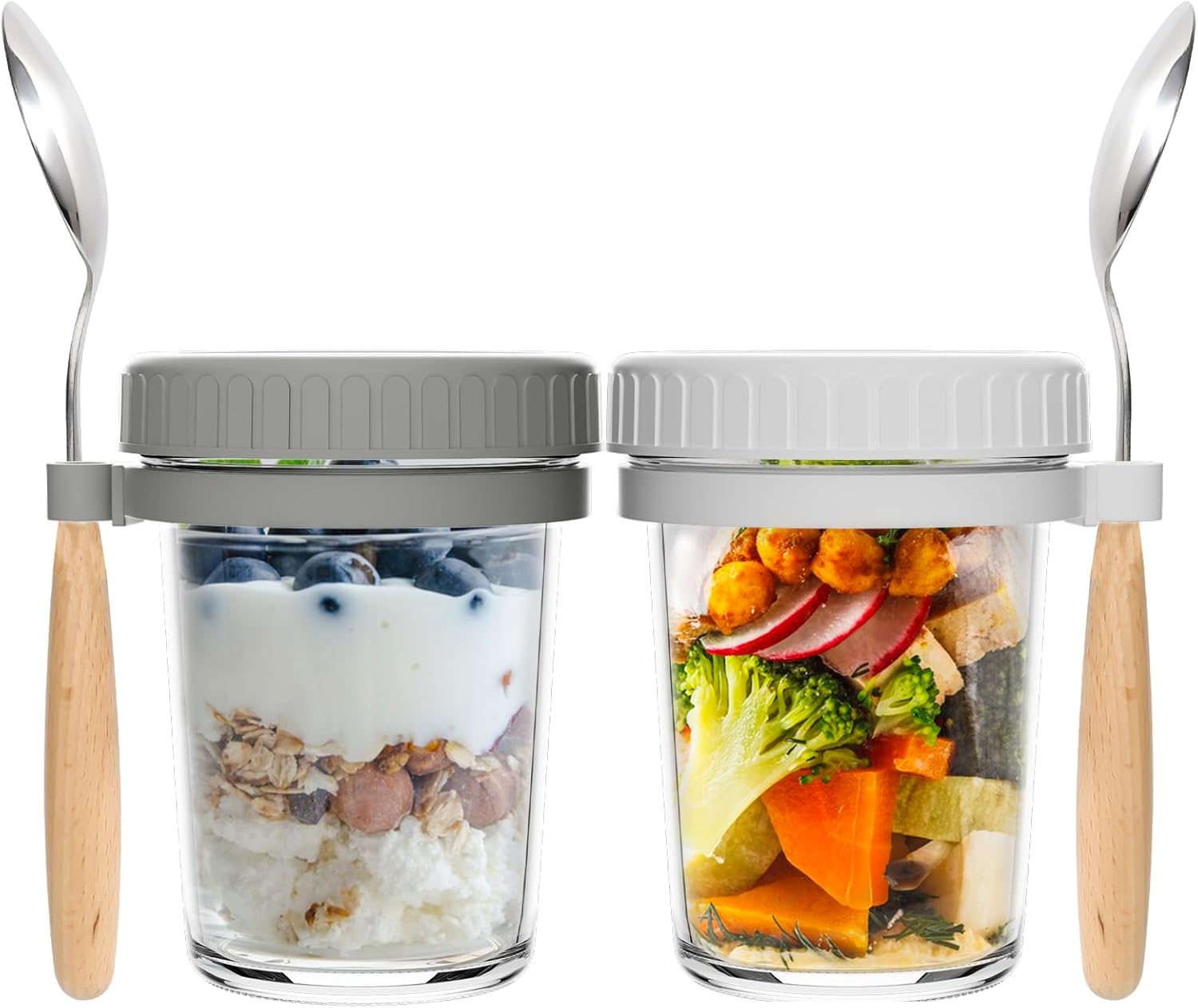 2 Pack Overnight Oats Jars with Lids and Spoon, 350ml Airtight Breakfast Jars with Measurement Marks, 12oz Chia Seed Pudding Container for Salads , Cereal, Milk, Porridge, Fruit ,Yogurt White& Grey
