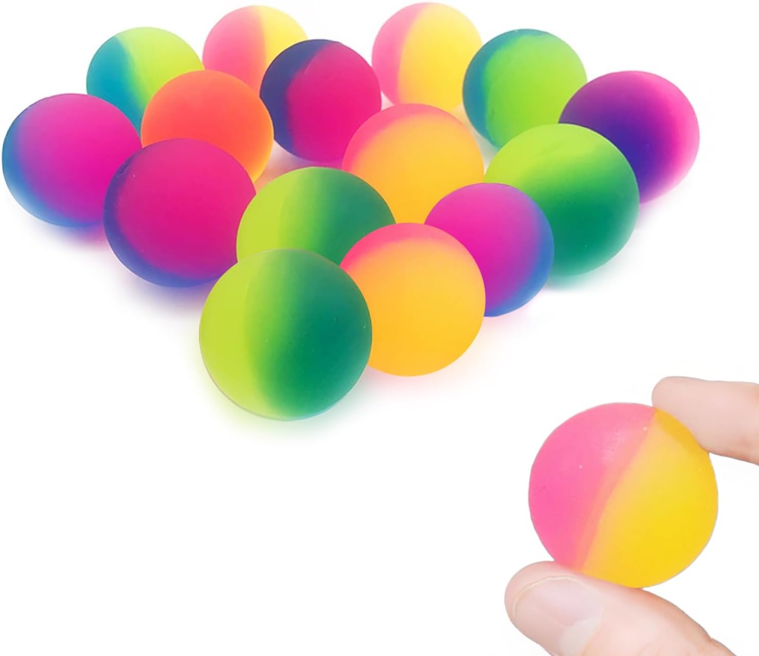 Quorlis Bouncy Balls – 15 Pcs Colourful Dual-Tone Bouncy Ball Set for Kids Party Bags, Sensory Play, Decompression, School Events & Prizes, Fun Elastic Rubber Balls for Stress Relief Toys