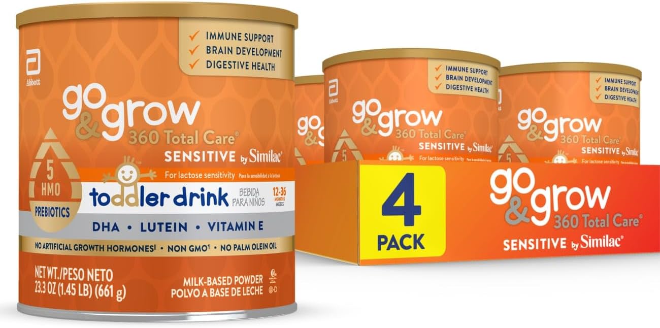 Similac Go & Grow 360 Total Care Sensitive by Similac Toddler Nutritional Drink With 5 HMOs,Powder, 23.3 Oz (Pack of 4)