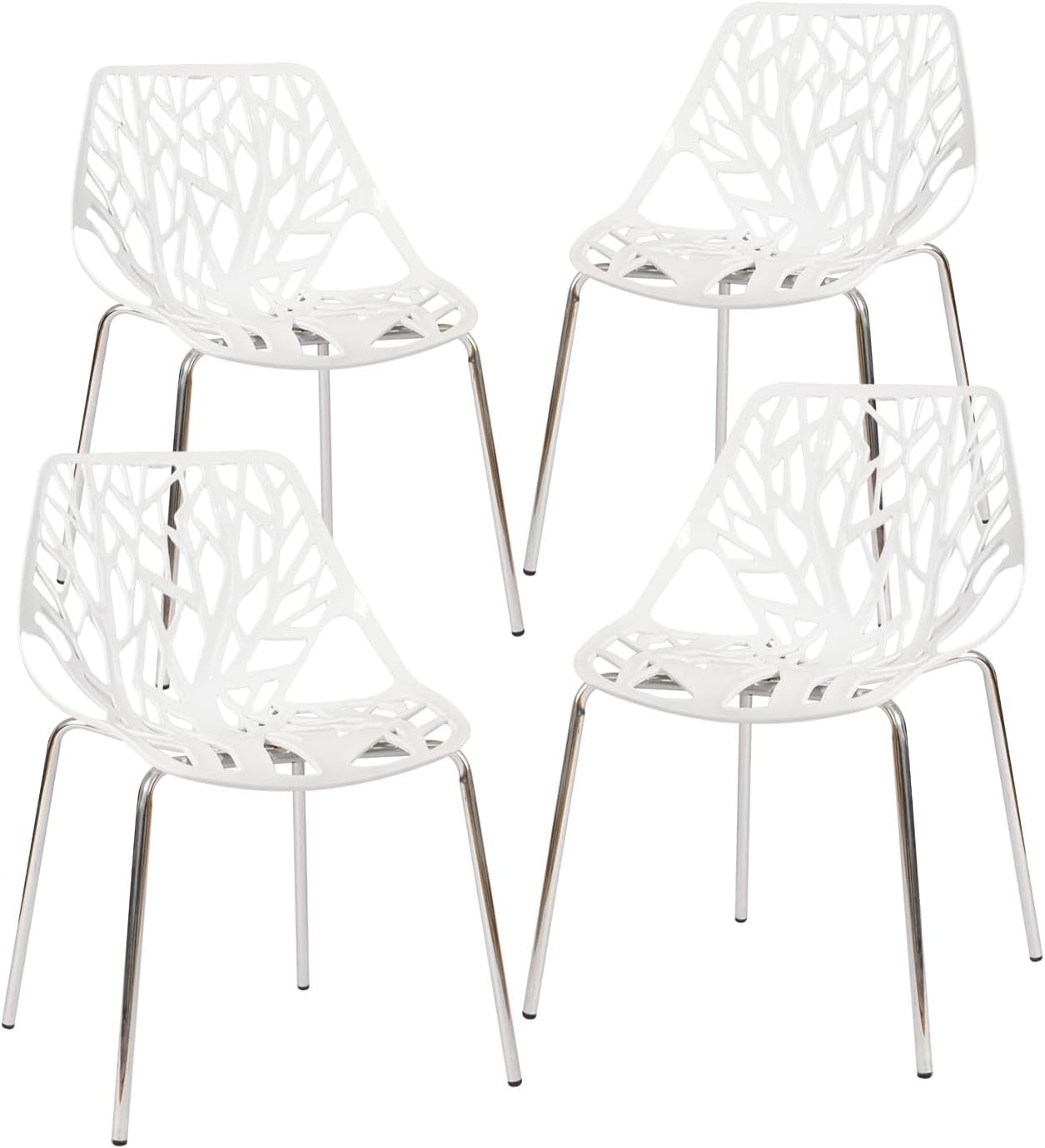 CangLong Set of 4 Garden Modern Plastic Chair, Hollow Shell Stackable Chair with Metal Legs for Kitchen Room & Dining Room, Single, White