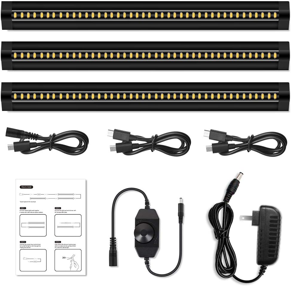 inShareplus LED Under Cabinet Lighting, 13 inch Dimmable, Warm White 3500K, CRI90+, 450Lumens, DC 12V Ultra Thin Under Counter Kitchen Lighting for Kitchen, Shelf, Cupboard, Black, 3 Pack