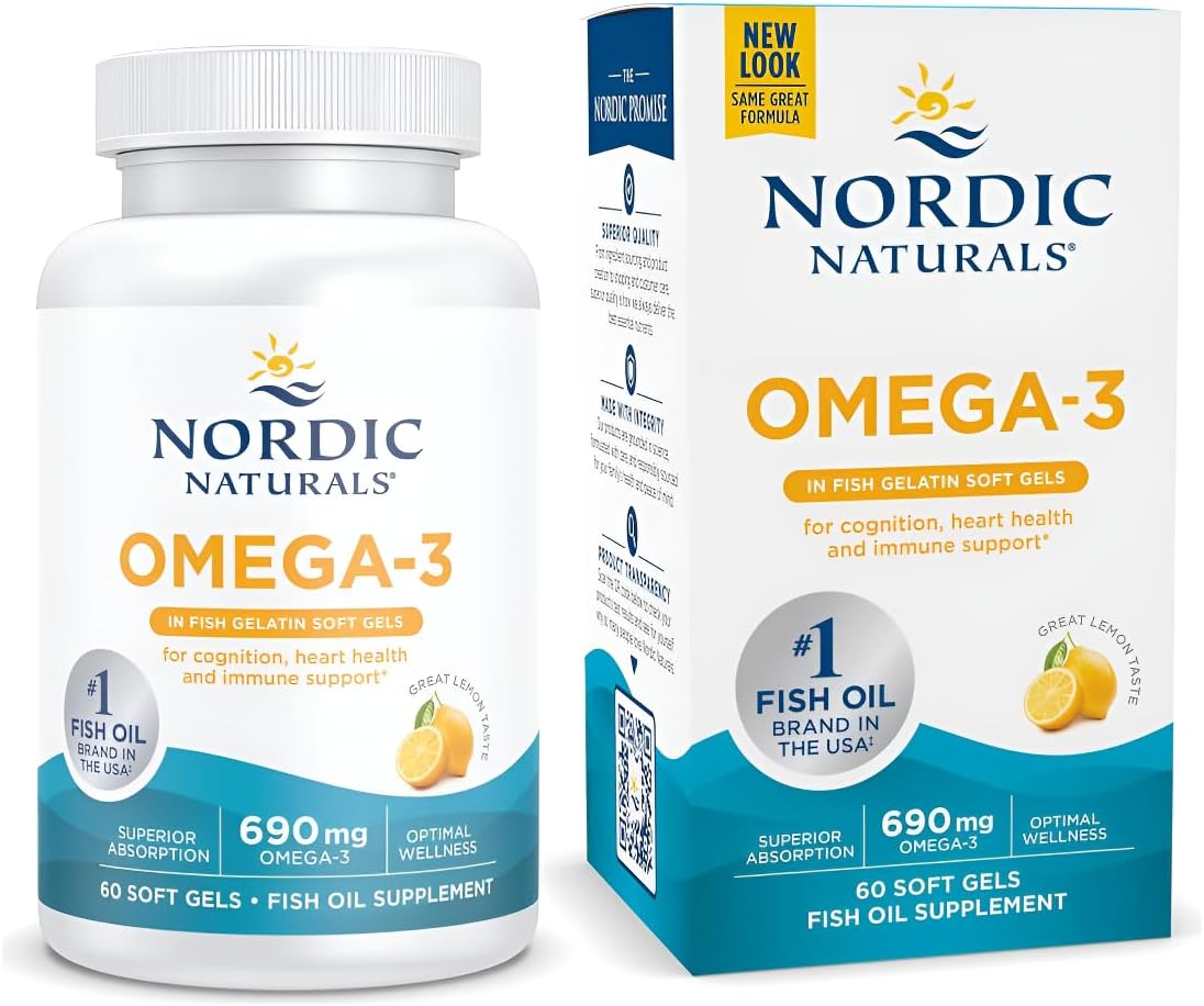 Nordic Naturals Omega-3 in Fish Gelatin, Lemon Flavor - 60 Fish Gels - 690 mg Omega-3 - Fish Oil - EPA & DHA - Immune Support, Brain & Heart Health, Optimal Wellness - Non-GMO - 30 Servings