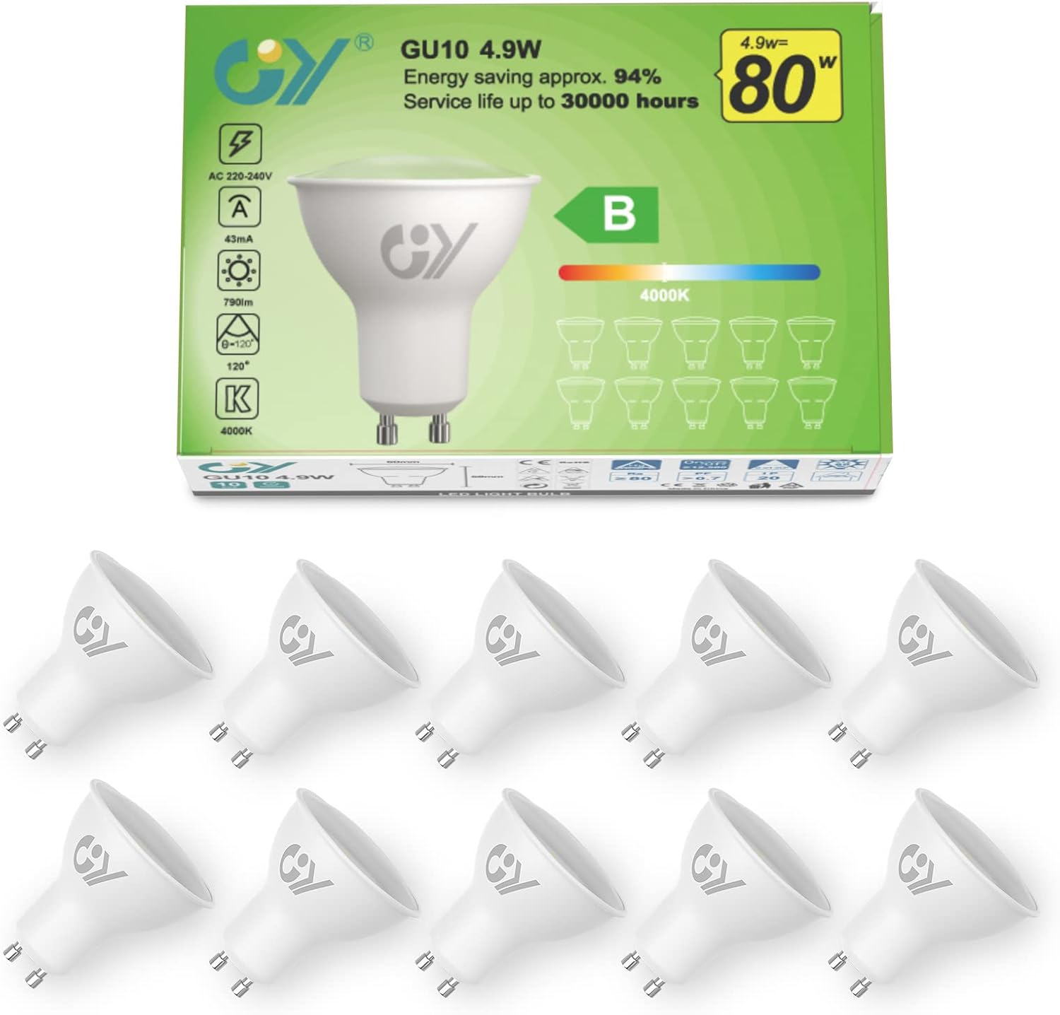 GY GU10 LED Bulb 4.9W 790lm Neutral White 4000K Energy Saving LED Bulb,The New UK Energy Efficiency Class B Replaces 80W Halogen, 110°Beam Angle Non-Dimmable, 10 Pack
