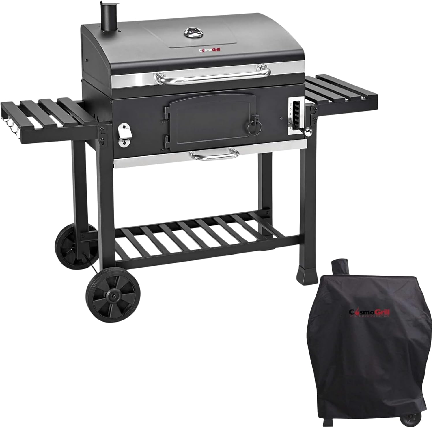 CosmoGrill Outdoor XXL Smoker Barbecue Charcoal Portable BBQ Grill with Waterproof Cover | Adjustable Charcoal Pan, Warming Rack and Thermometer | Large Coal BBQ Smoker for Home Garden Party Cooking