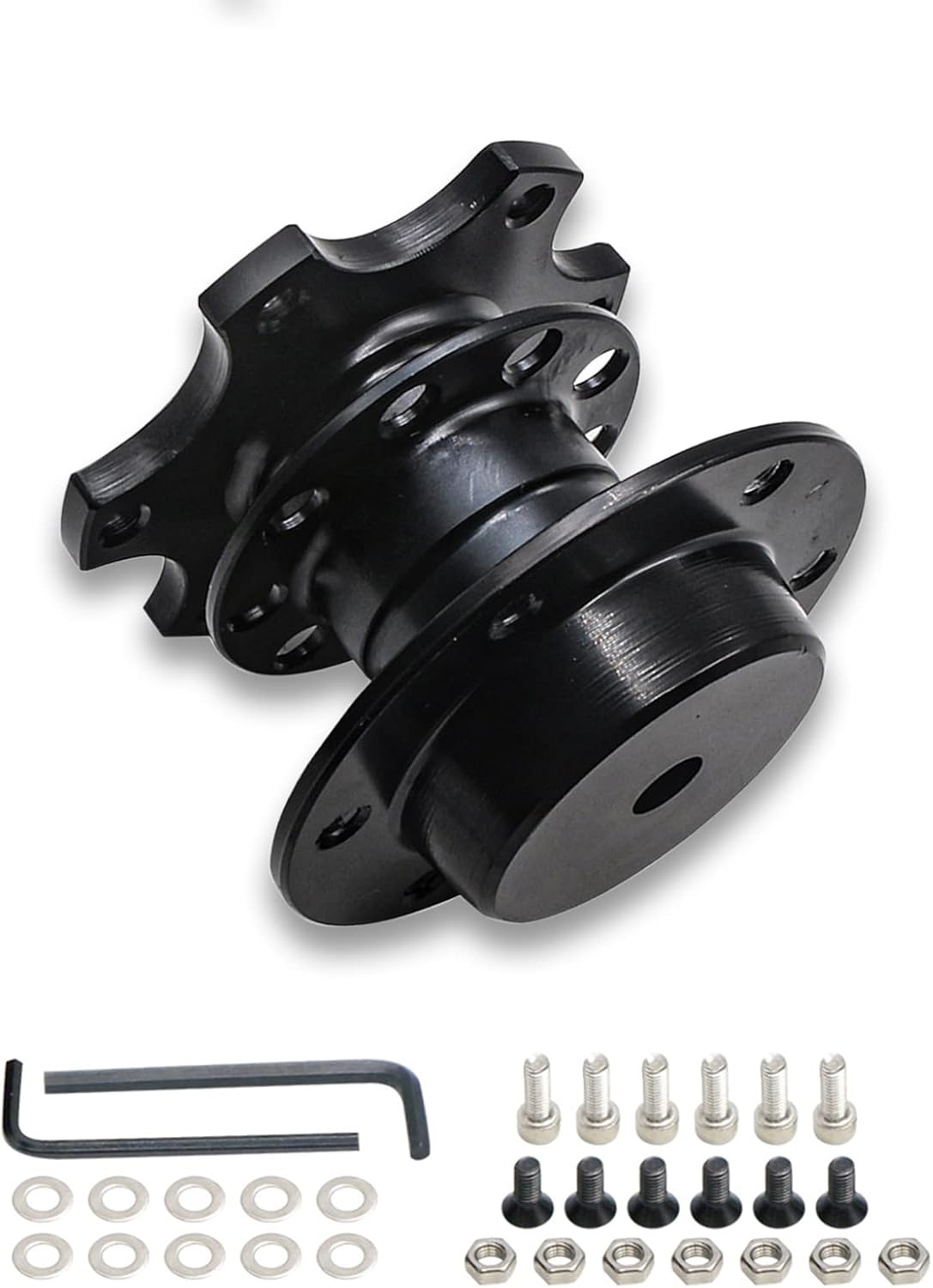 Pack-1 Aluminum Steering Wheel Hub Adapter, 6 Hole Racing Modification Quick Release Device, Universal Auto Steering Wheel Heightening Adapter (Black)