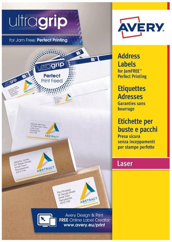 Avery JamFREE, Printable, Address Labels, FSC Certified, 63.5 x 38.1 mm, White, 21 Labels per Sheet, 210 Blank Labels per Pack (L7160-10)