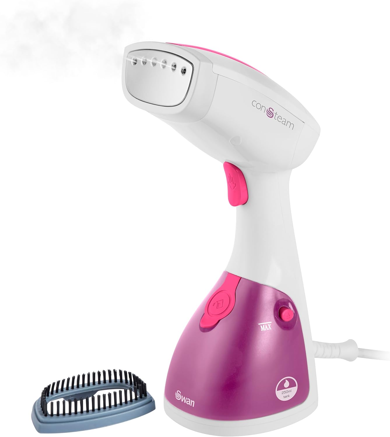 Swan SI12020N Handheld Garment Steamer, Lightweight, Removable Fabric Brush, Extra-Long 1.9m Power Cable, 1100W, 250ml Water Tank,White and Pink
