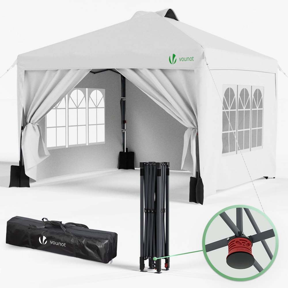 VOUNOT 3m x 3m Pop Up Heavy Duty Gazebo with Sides, Central Lock System & 4 Weight Bags & Carry Bag, Marquee Garden Party Tent Outdoor, White