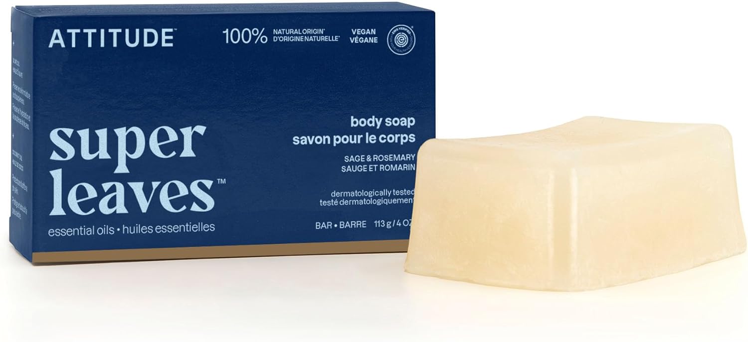 ATTITUDE Body Soap Bar, Natural Origin,Protects and Softens Dry Skin, Coconut & Olive Oils, For Men and Women, EWG verified & Vegan, Sage & Rosemary, 113 g