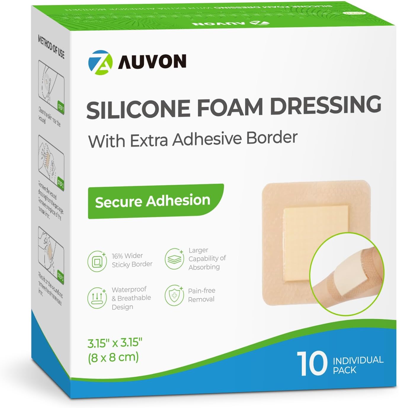AUVON Silicone Foam Dressing with Large Adhesive Border, 3" x 3" 10 Packs Wound Dressing Bandage with High Absorbency, Waterproof Silicone Foam Pads for Wound Care, FSA/HSA Eligible