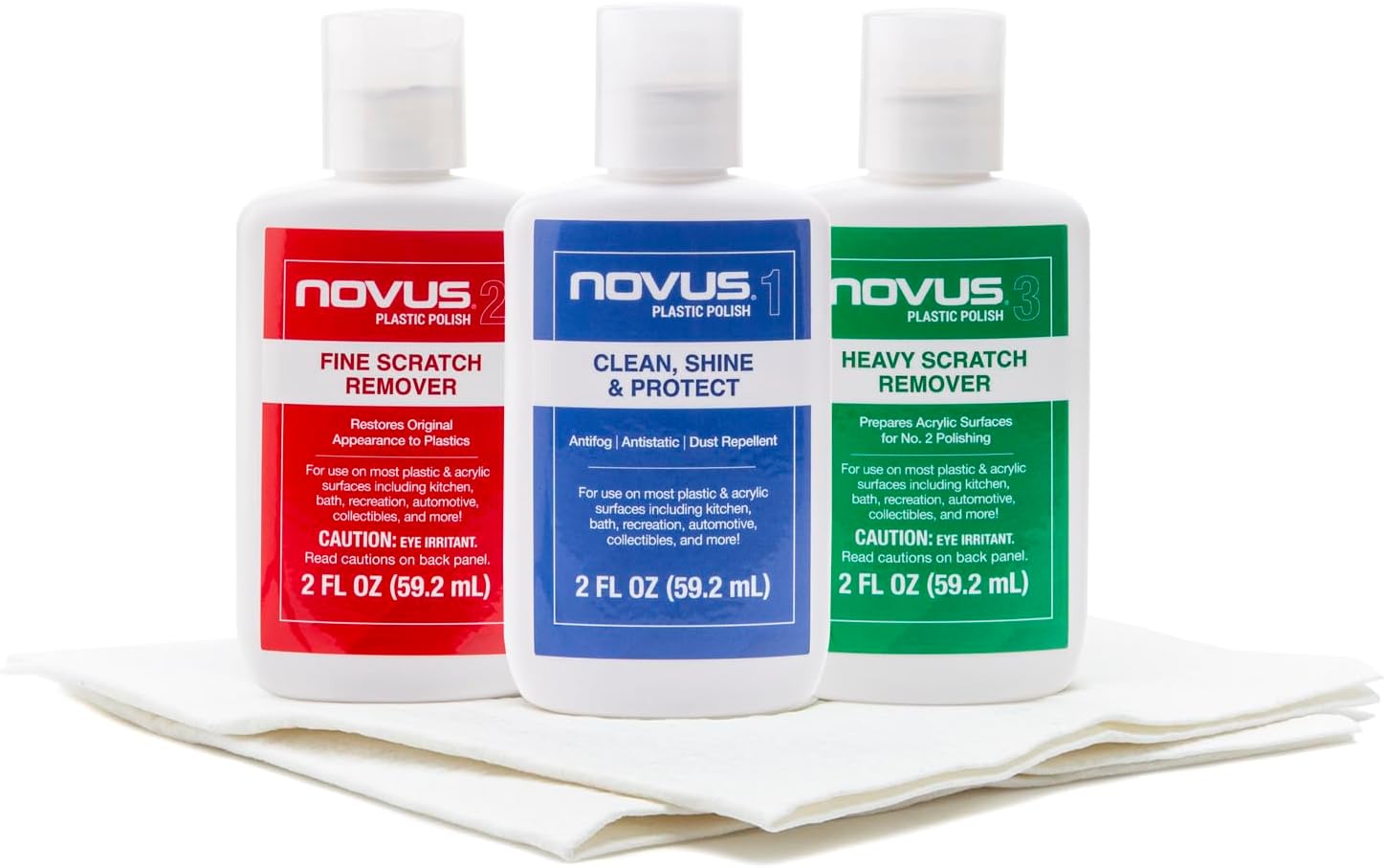 NOVUS-PK1-2 | Plastic Clean & Shine #1, Fine Scratch Remover #2, Heavy Scratch Remover #3 and Polish Mates Pack | 2 Ounce Bottles