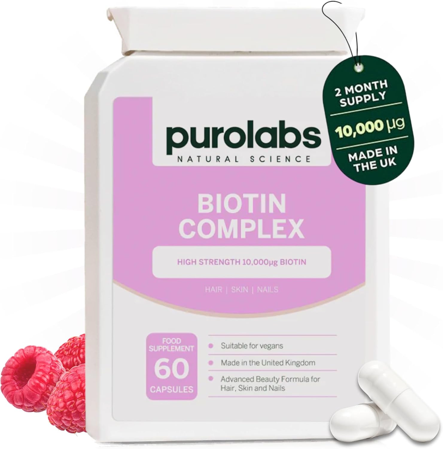 Purolabs Biotin Hair Growth Supplement 10,000μg - Hair Skin & Nails Vitamins for Men & Women with Selenium, Zinc & Vitamin C - 60 Vegan Capsules - Made in The UK